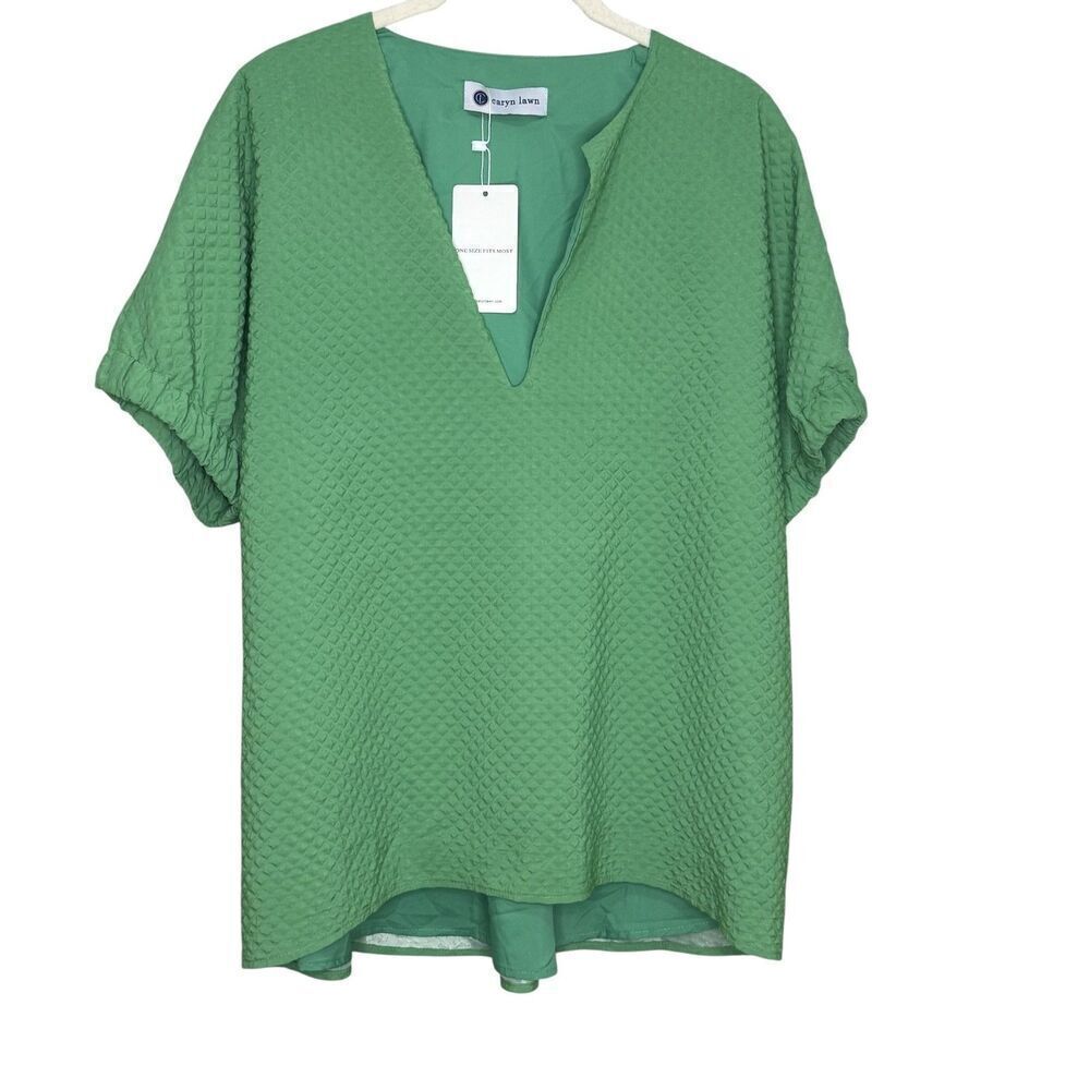 Caryn Lawn Top Betsy One Size Green Textured Short Sleeve V Neck Blouse Tunic